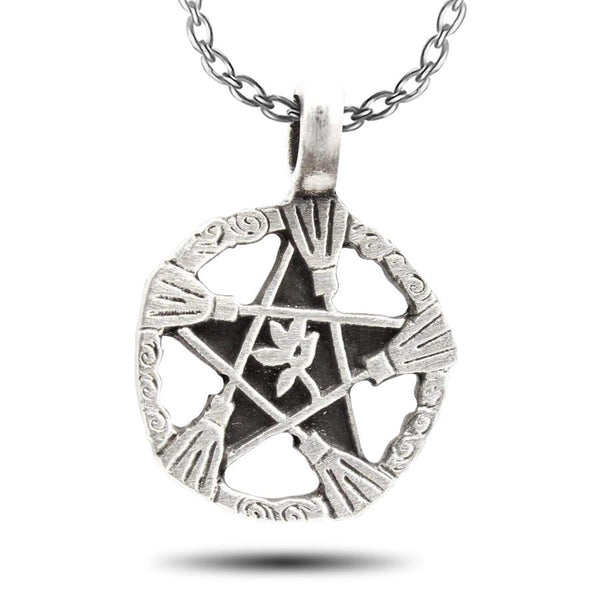 product image of a pentacle with 5 brooms and a plant at the center design and attached to a metal chain
