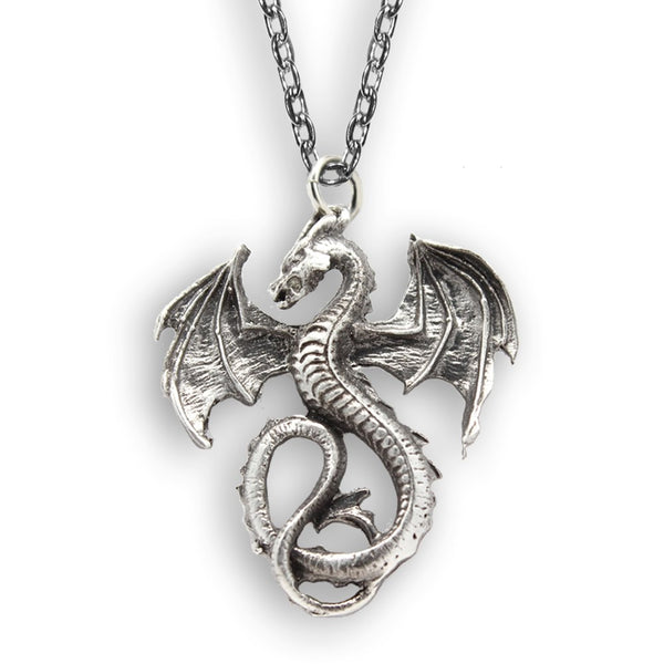 product image of a dragon pendant attached to a  metal chain