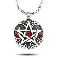 product image of a pentacle and crescent moon with 3 deep red garnet crystals and a metal chain