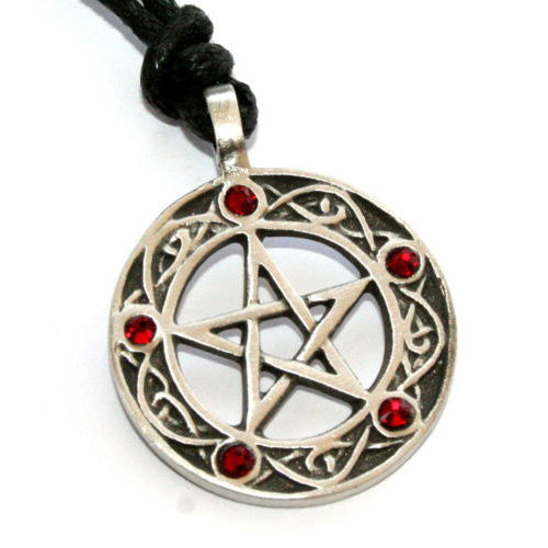 product image of a pentacle with 5 deep red garnet crystals and attached to a leather cord