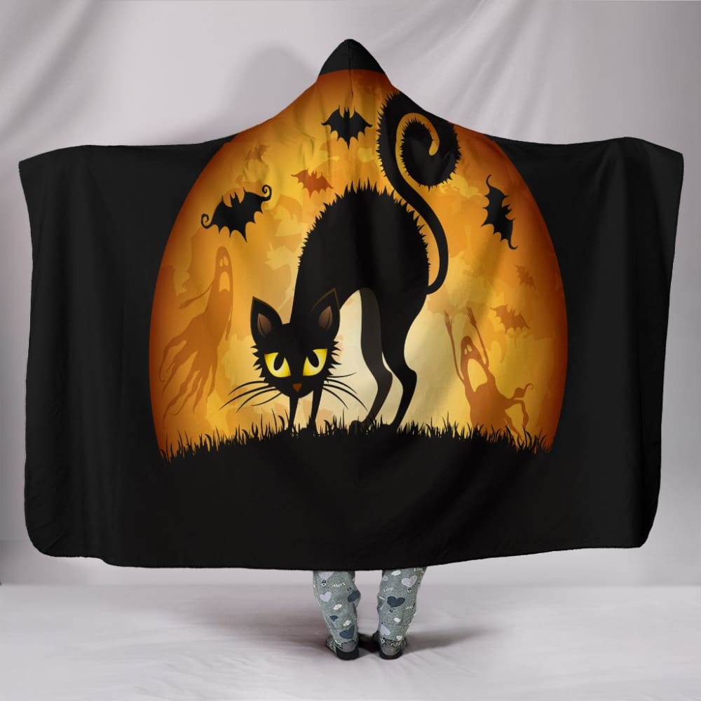 Black Cat Samhain Plush Hooded Blanket