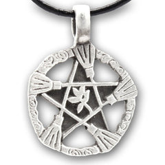 product image of a pentacle with 5 brooms and a plant at the center design and attached to a leather cord