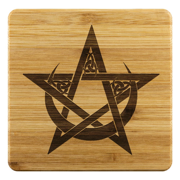 Pentacle In Crescent Moon Bamboo Coaster - The Moonlight Shop