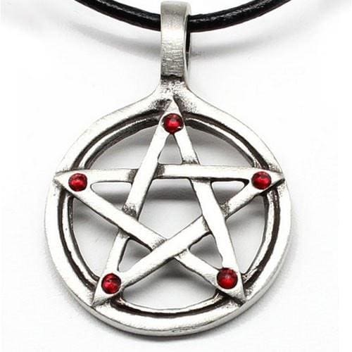 Product image of a simple pentacle with 5 deep red garnet birthstone crystals and the necklace is attached to a leather cord.