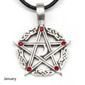 Product image of a pentacle encircled by celtic knots and has a crescent moon at the center. It also has 5 deep red garnet birthstone crystals and the necklace is attached to a leather cord.